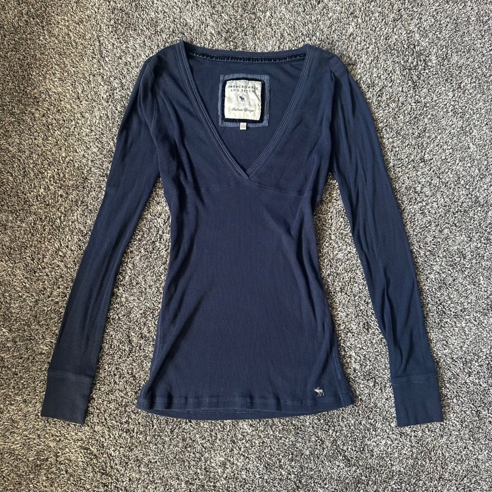 Abercrombie & Fitch Y2K Blue Babydoll Long Sleeve V Neck Shirt Large 2000s